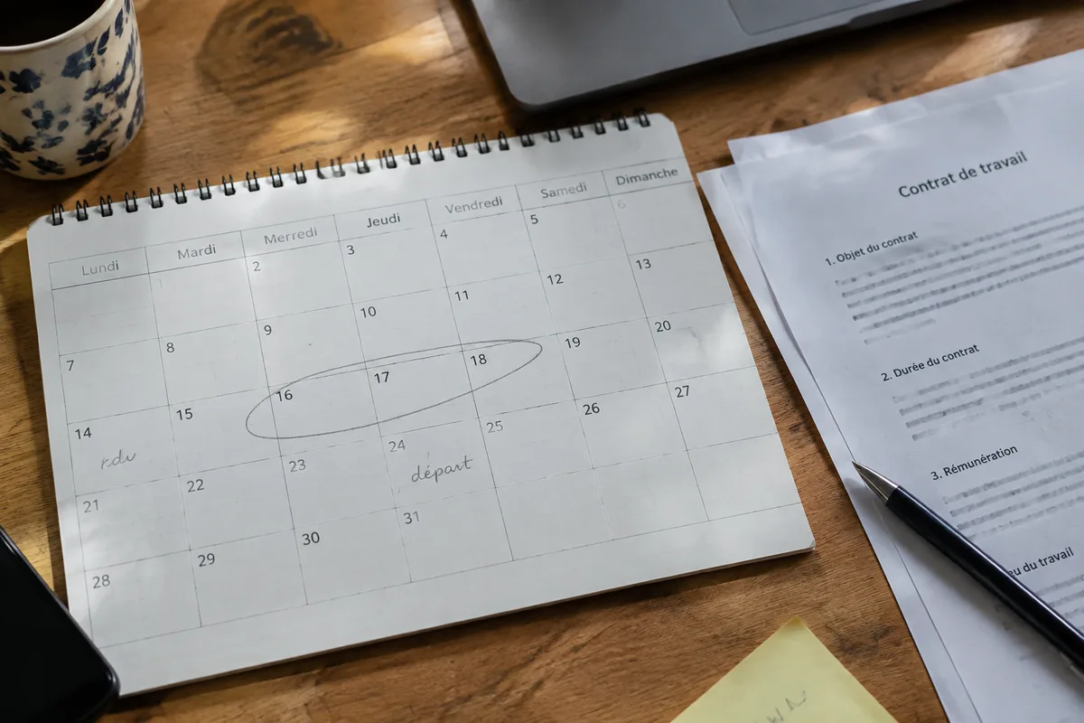 Calendrier annoté pour calculer la fin de période d’essai après des congés payés