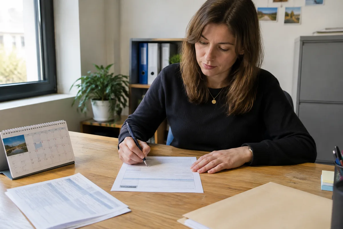 Salariée préparant une demande de congés payés avec un calendrier papier et un formulaire d’absence