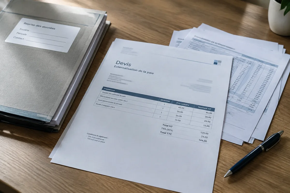 Devis d’externalisation de la paie posé à côté d’un dossier de reprise des données